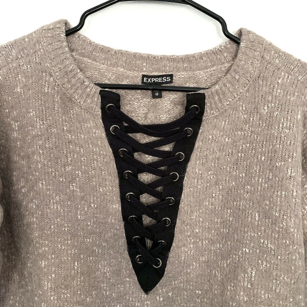 Express Mauve Pink Fuzzy Lace Up Sweater_5